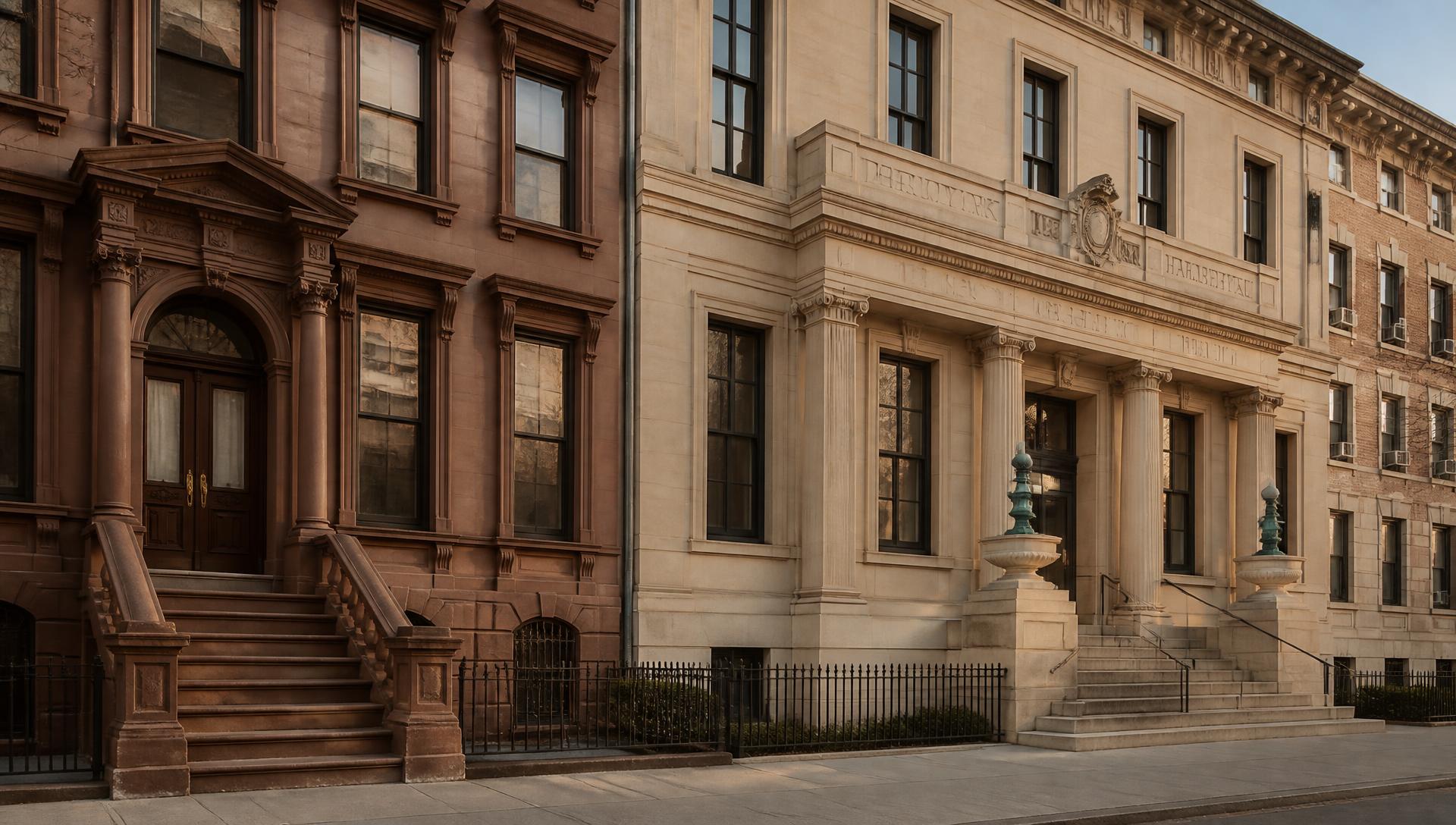 Historic Harlem architecture: a brownstone beside a limestone civic building facade